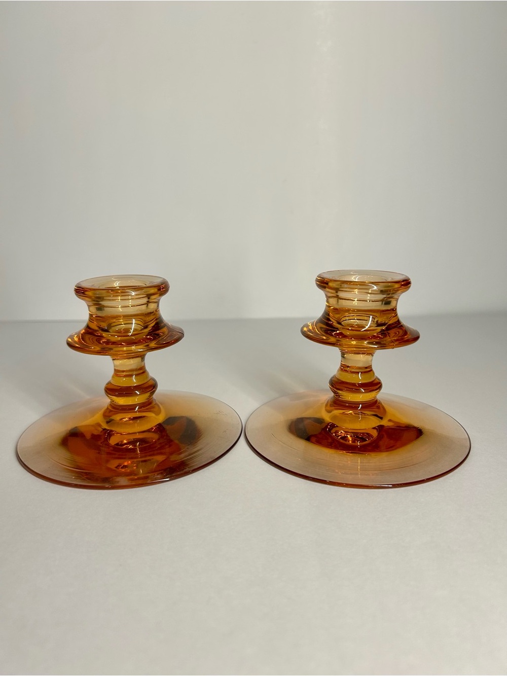 Vintage Fostoria Peach Glass Candlestick Holders - Set of 2